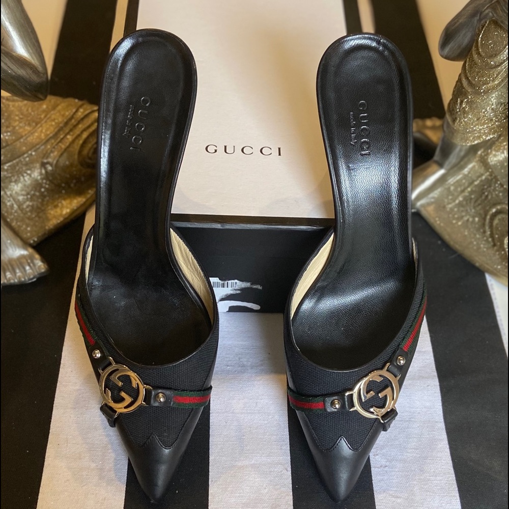GUCCI Black Leather and Fabric Web Design GG Mules